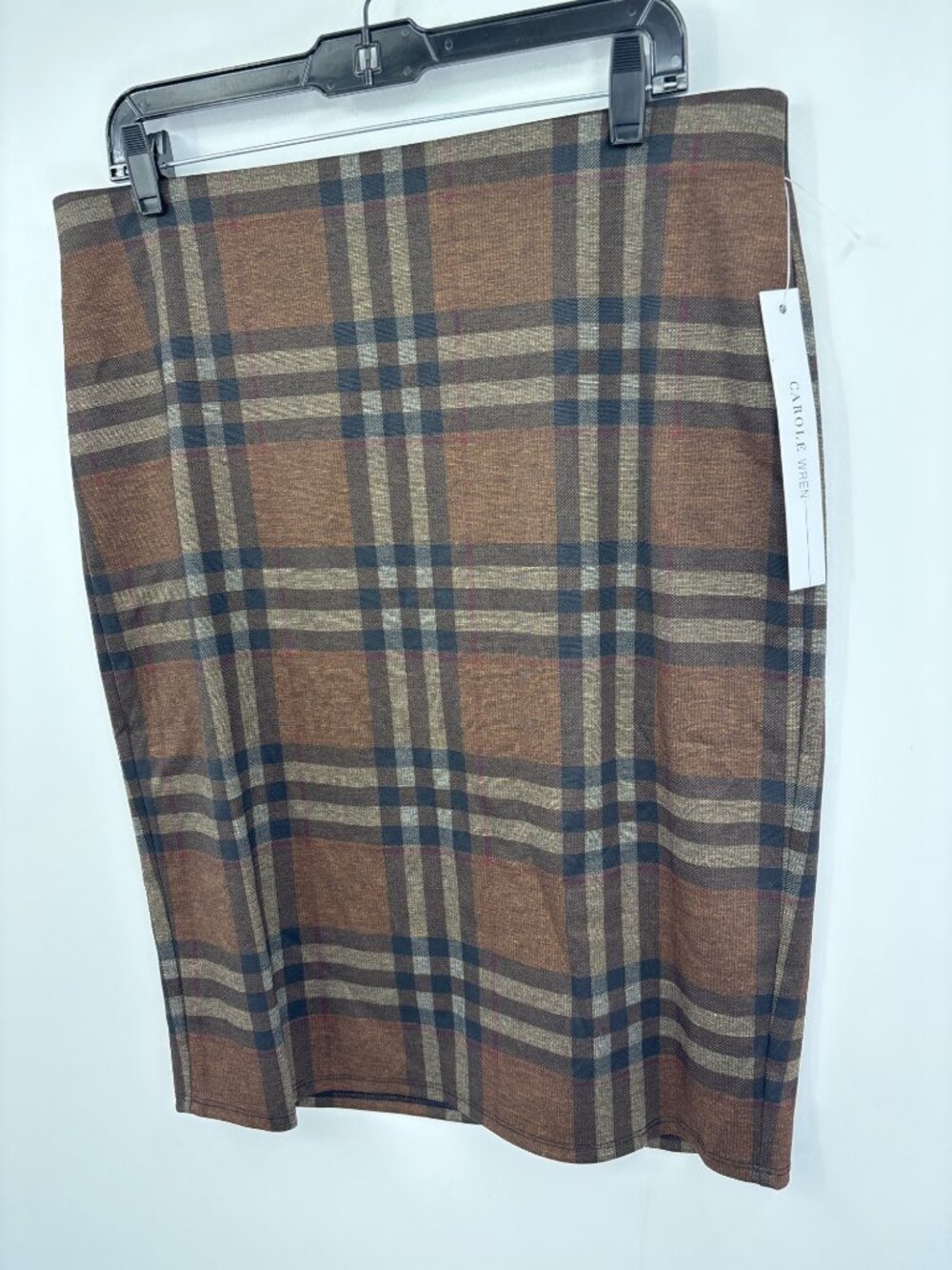 Carole Wren Pull On Pencil Skirt Plaid Tartan Print Brown Size Large NEW - Picture 2 of 4